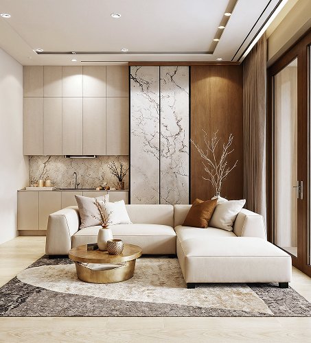 Modern living room with a cream sectional sofa, marble feature panel and warm wood cabinetry