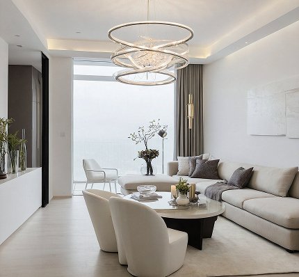 Open-plan living and dining area lit by a circular ring chandelier and floor-to-ceiling windows