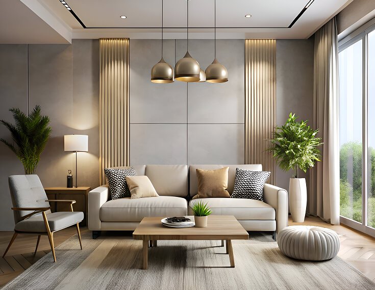 Award-winning living room with cluster pendant lighting and layered textiles - architecture and interiors in Bhubaneswar, Odisha