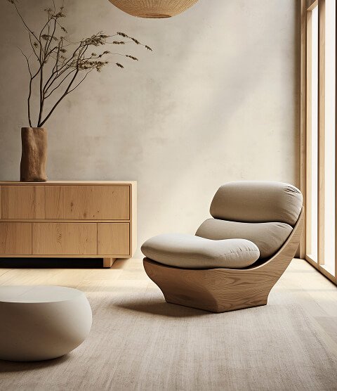 Warm minimalist corner with an oak sideboard, a curved lounge chair and dried branches in a tall vase
