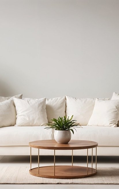 Minimal white sofa with a round oak side table and a potted plant