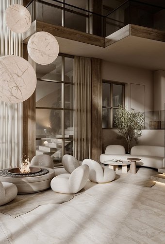 Luxury lounge with marble surfaces, a sunken fireplace and cream boucle seating