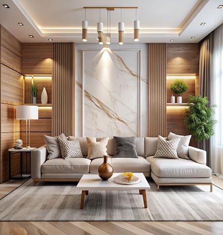 Living room with a book-matched marble feature wall, walnut panelling and a linear pendant light